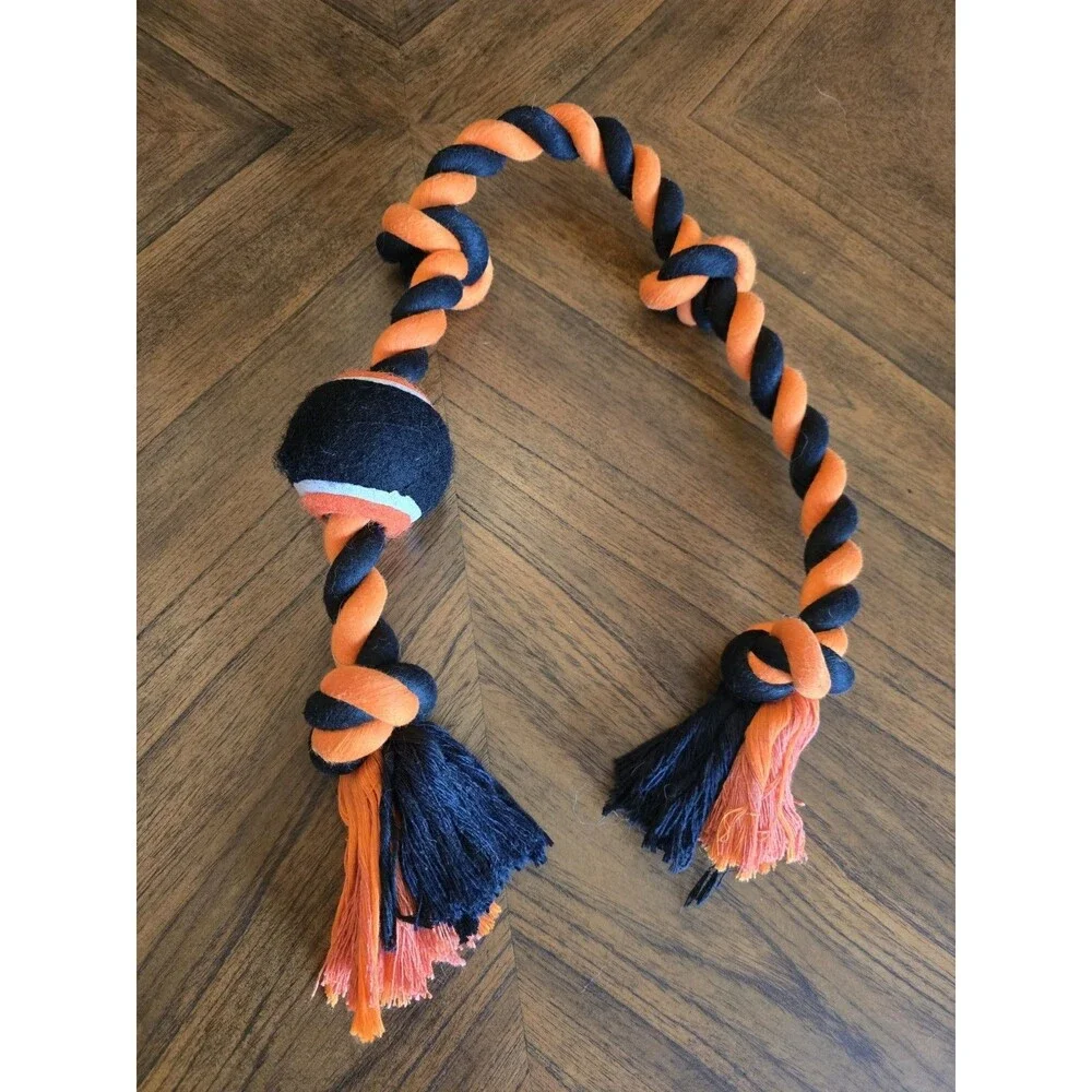 Orange Black Rope Dog Tug Toy Tennis Ball Knotted Chew Fetch Halloween M L XL
